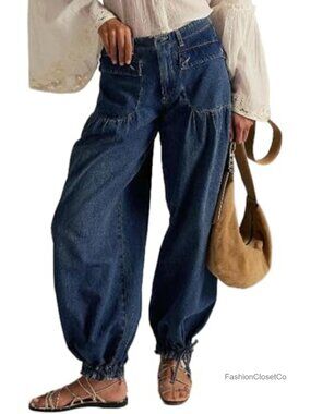 Wide Leg Baggy Jeans Lotus Fold Denim Pants Mid Rise Cotton